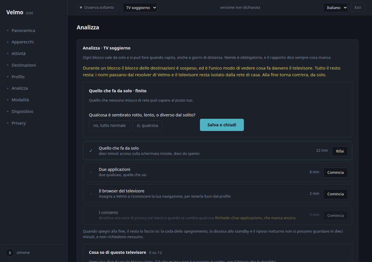 Velmo console screen: Analyze