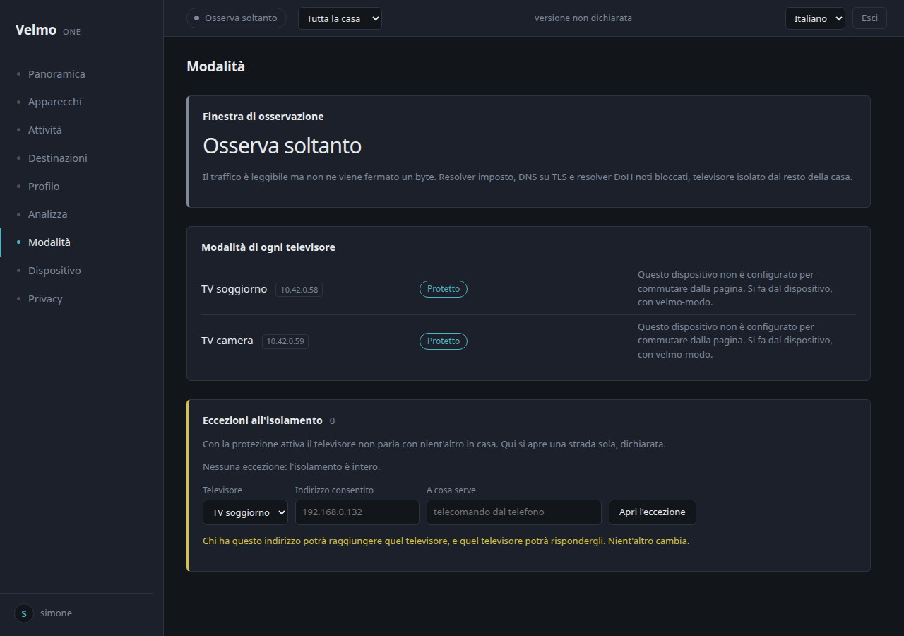 Velmo console screen: Mode