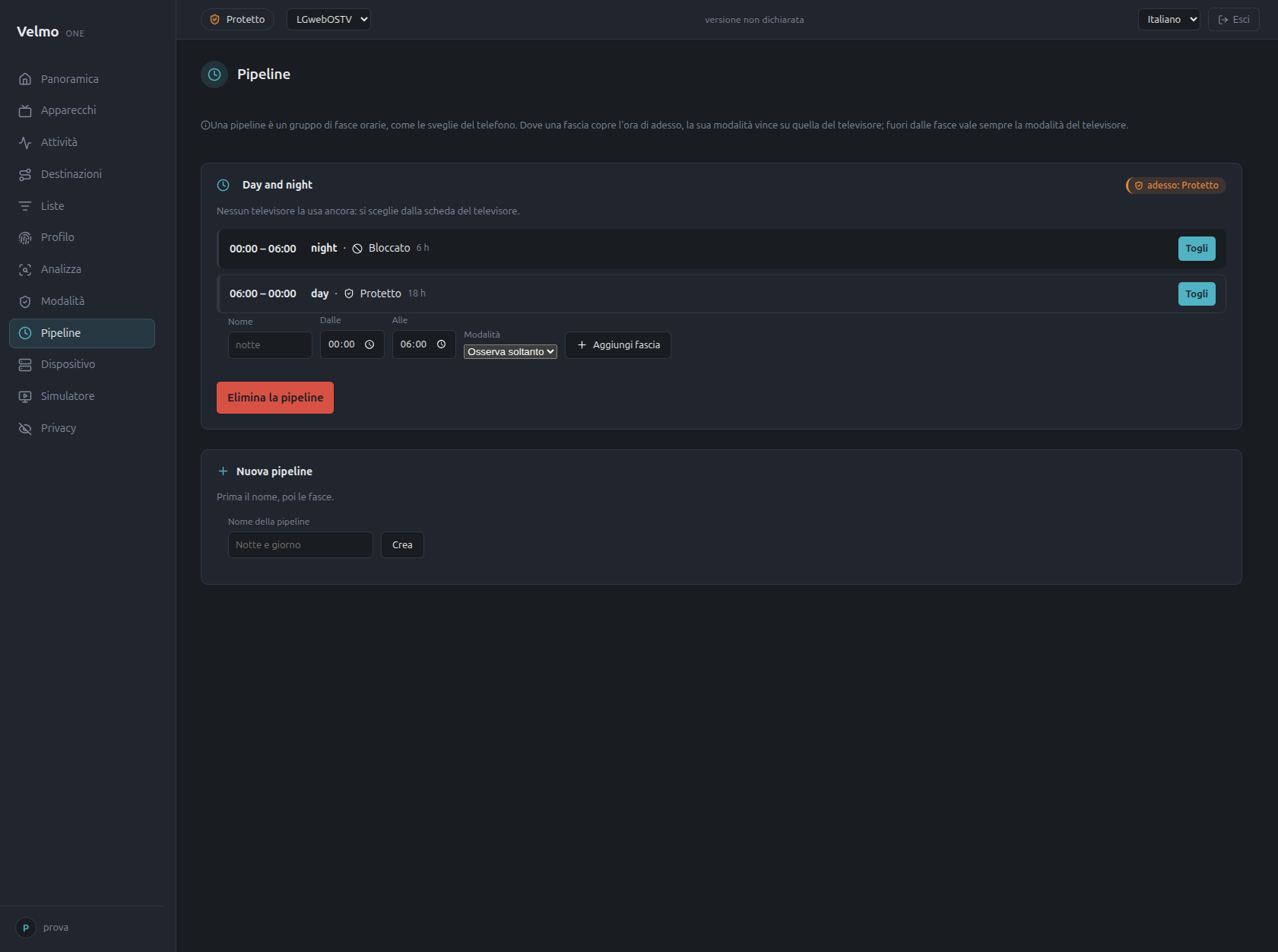 Velmo console screen: Schedules