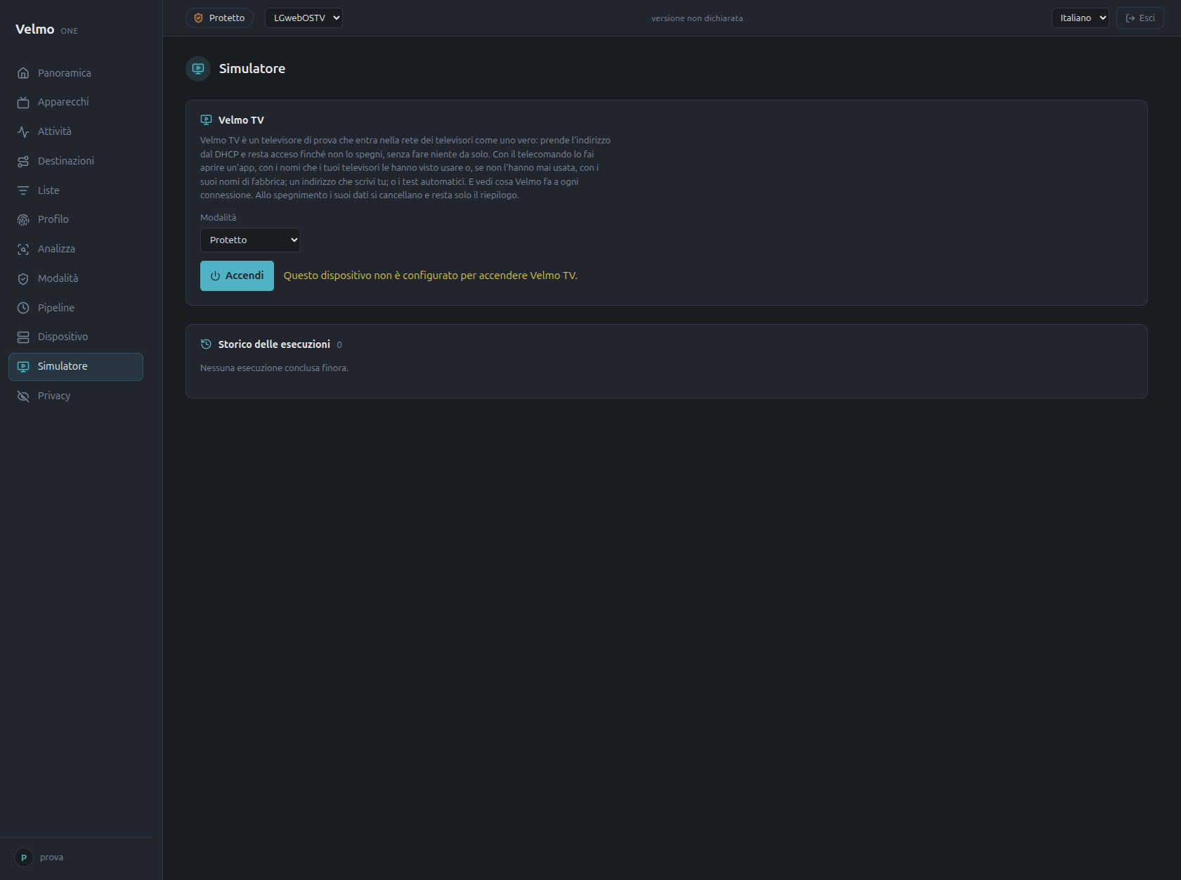 Velmo console screen: Simulator