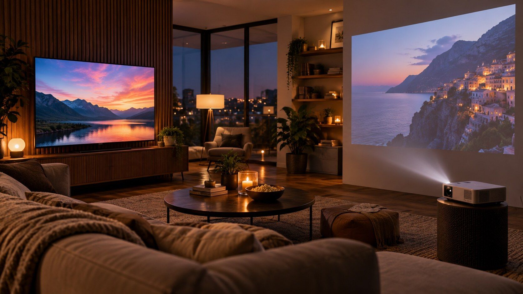 A living room at night with a TV and a small projector switched on
